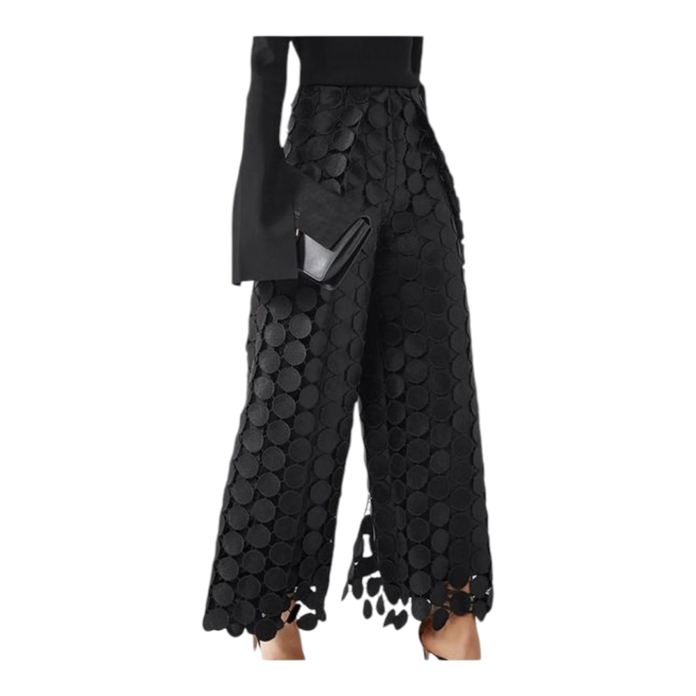 Elegant Black Wide-Leg  embroidery Pants